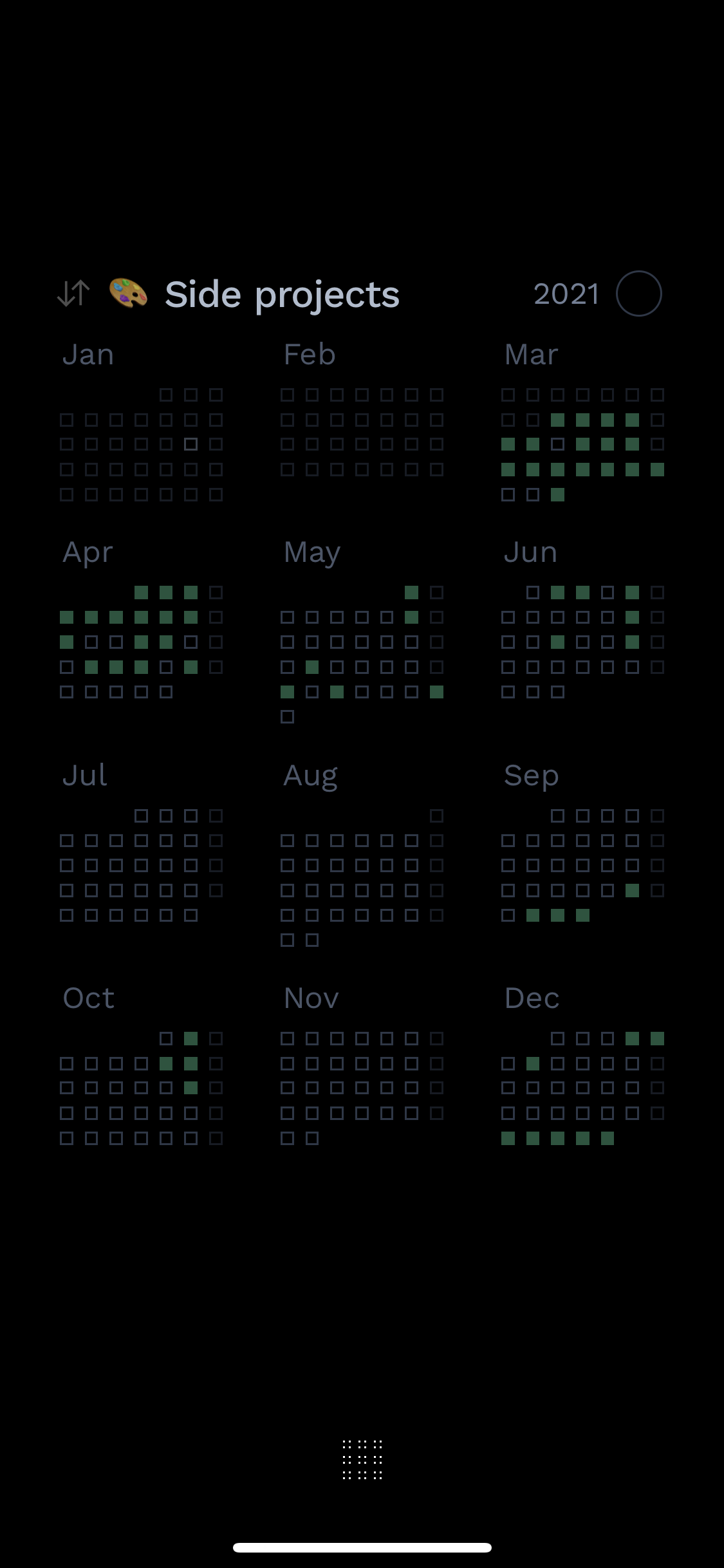 Screenshot of Blocks app showing side project habit throughout 2021